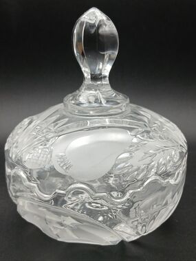Vintage Clear Crystal 5.5" Ftuit Floral Etched Cut Glass Candy Dish With Lid